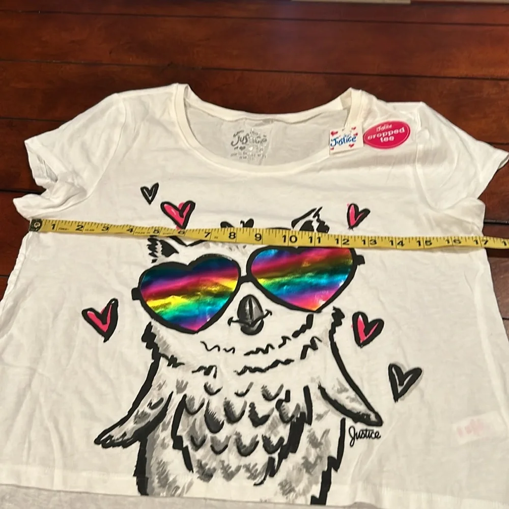 NWT Justice White Cropped Owl Heart Rainbow Glasses Size 18